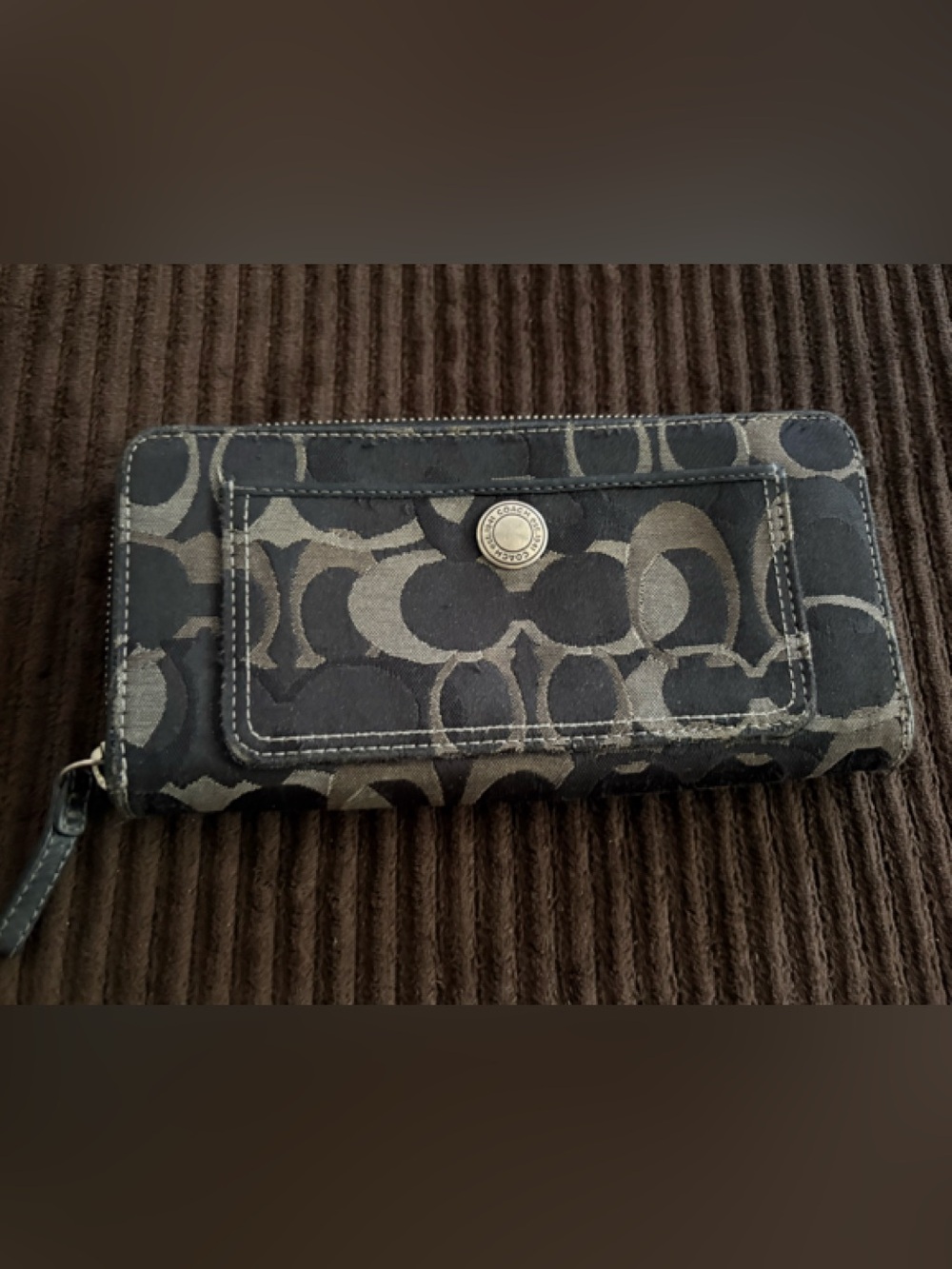 Coach Ladies Signature Jacquard Bi-Fold Zip Around Wallet in Black and Gray